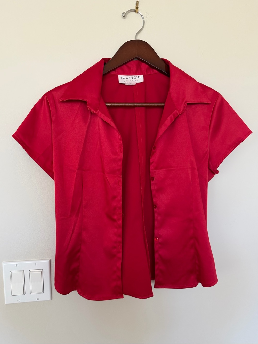 Vintage Red Short Sleeve Satin Button-Down Shirt